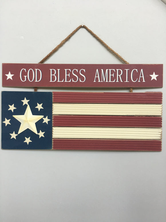 Patriotic God Bless America Americana Flag with Metal Star Sign