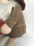 Harvest Gnome in Brown Tweeds Holding Knitted Pumpkin