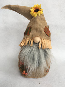 Harvest Gnome in Burlap With Sunflower, Leaves and Berries