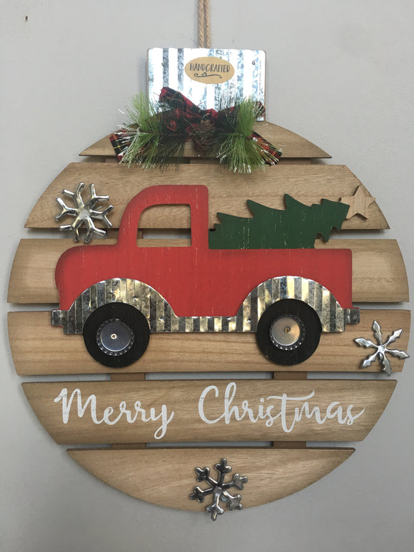 Christmas Ornament with Red Truck and Snowflakes Wall Hanging