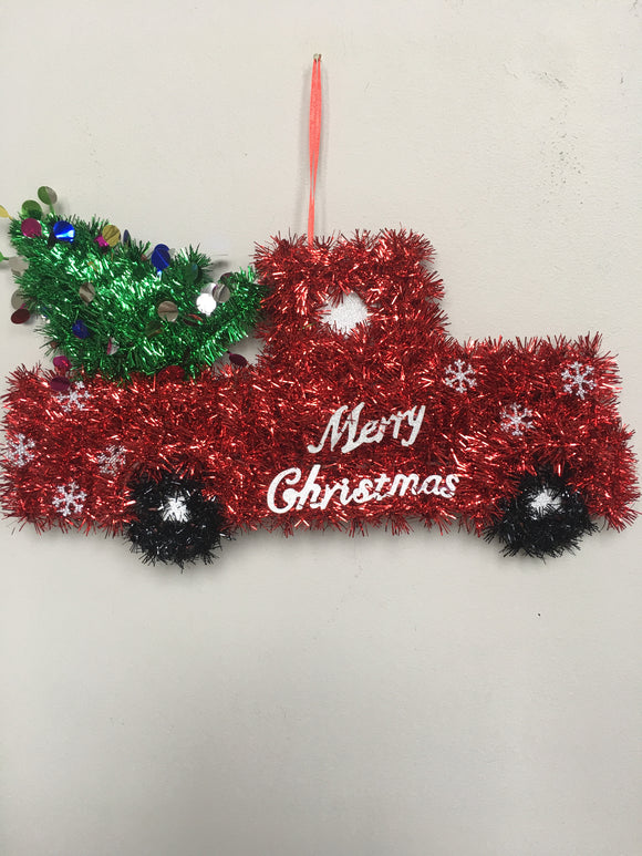 Christmas Red Truck Carrying Tree Tinsel Wall Hanging