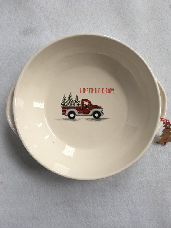 Christmas Red Truck Carrying Multiple Trees Ceramic Dish With Handles