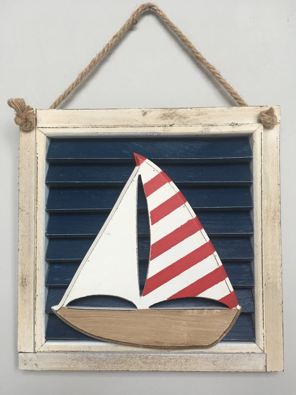 Beach Nautical Sail Boat Resting On A Shutter Sign