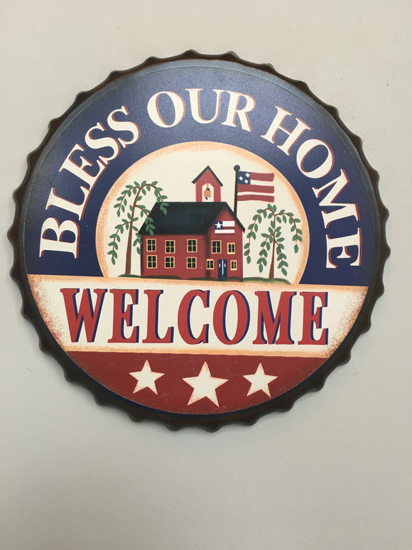 Patriotic Bottle Cap Bless Our Home Welcome Sign