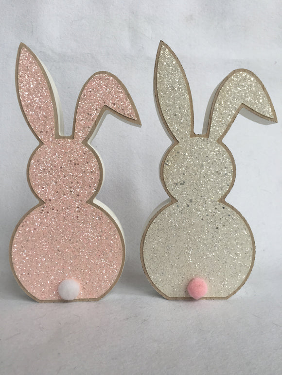 Easter Glittered Bunny With Cotton Tail Wood Block Sitter