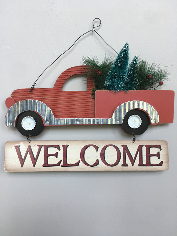 Christmas Wood and Metal Red Truck Welcome Sign