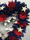 Patriotic Red White and Blue Wood Curled and Rosetta Heart Wreath