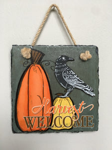 Harvest Welcome Slate Pumpkin and Crow Wall Hanging