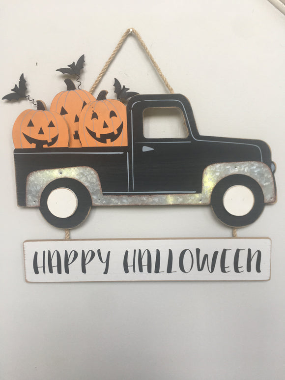 Halloween Solid Wood and Metal Truck Carrying Pumpkins Wall Hanging