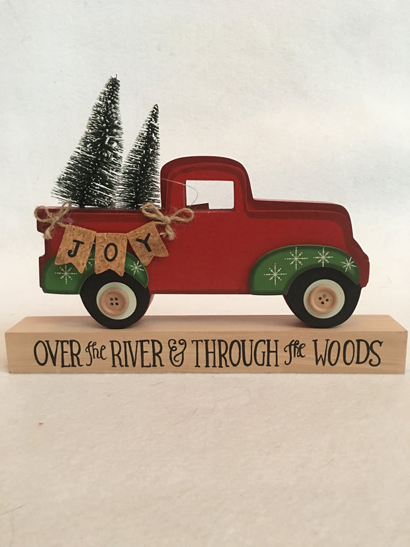 Christmas “Over the River and Through the Woods” Red Truck Carrying Trees Block Sitter