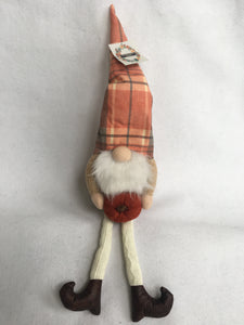 Harvest Gnome With Dangling Legs and Holding Knitted Pumpkin