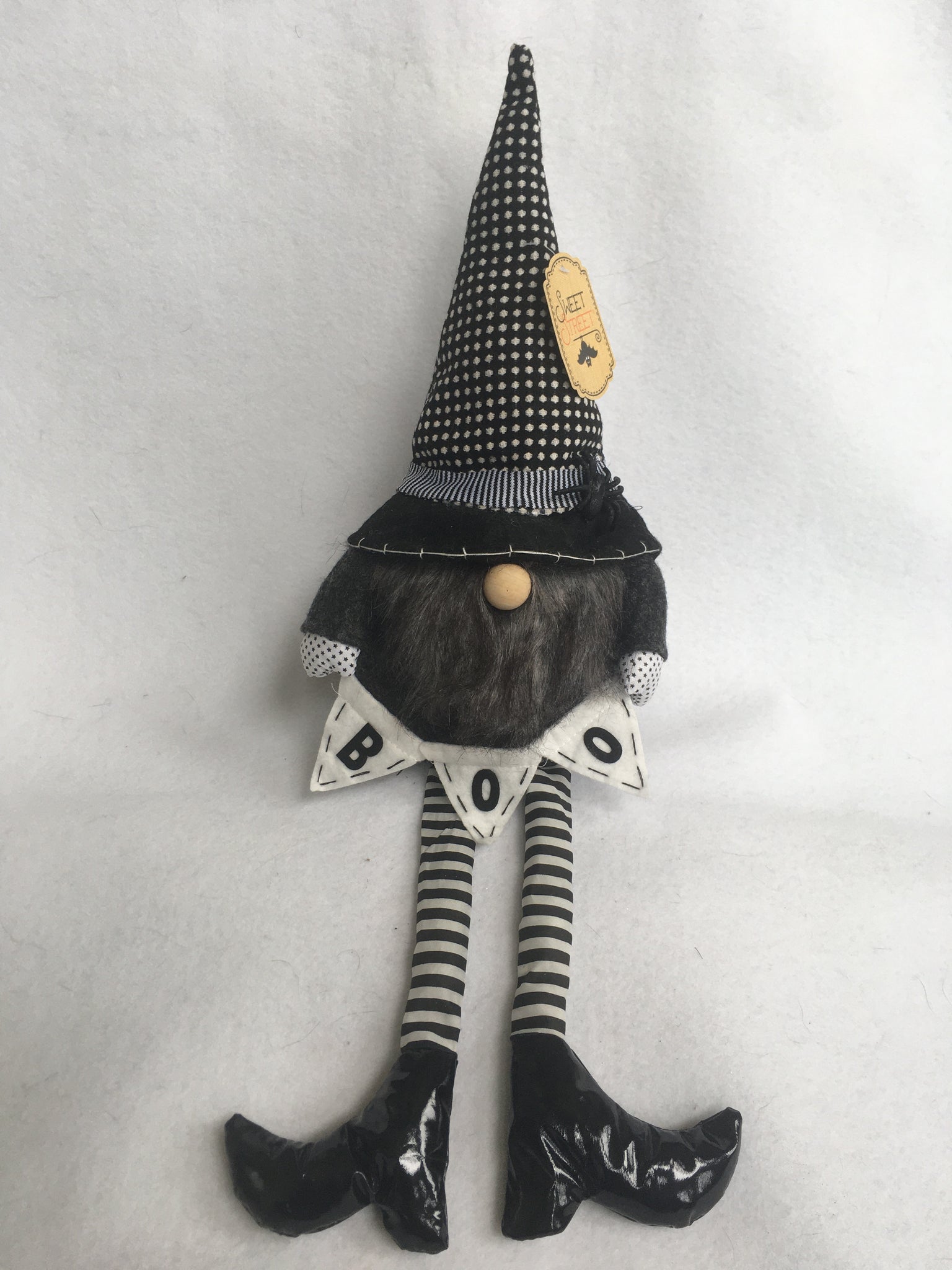 Halloween Gnome Holding Hey Boo Banner