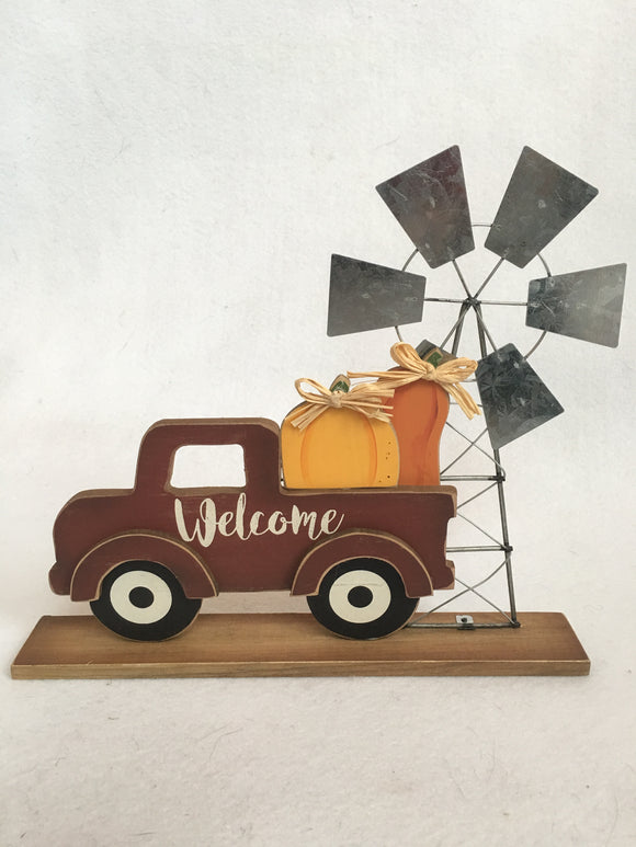 Harvest Welcome Truck Carrying Pumpkins with Wind Mill Block Sitter
