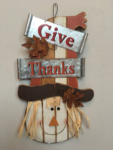 Harvest Give Thanks Scarecrow Metal and Wood Sign