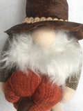 Harvest Gnome in Brown Tweeds Holding Knitted Pumpkin