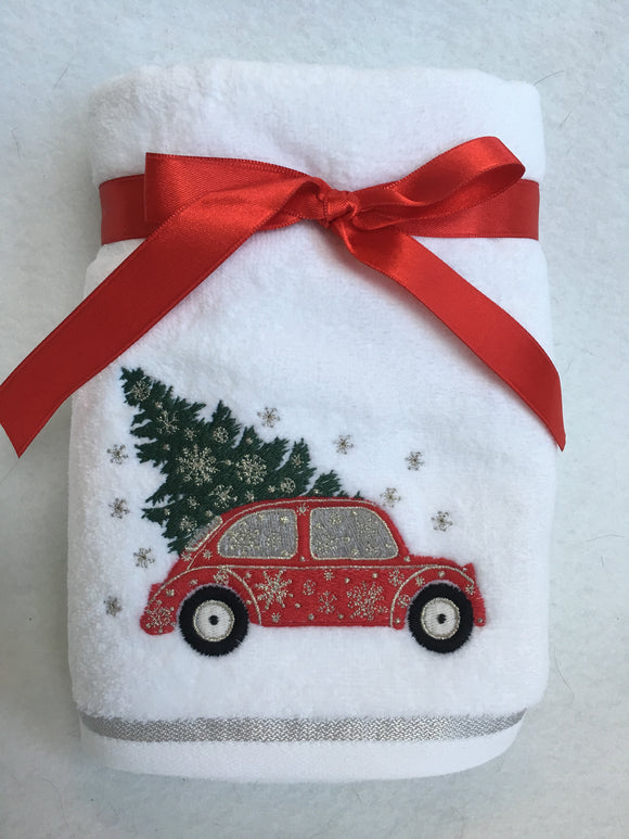 Christmas Red Car Carrying Tree Set of Two Hand Towels