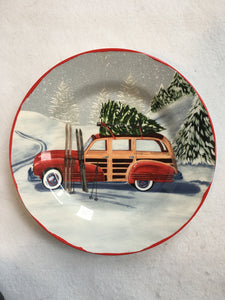 Christmas Red Car Carrying Tree With Skis Resting On Side Plate