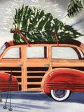 Christmas Red Car Carrying Tree With Skis Resting On Side Plate