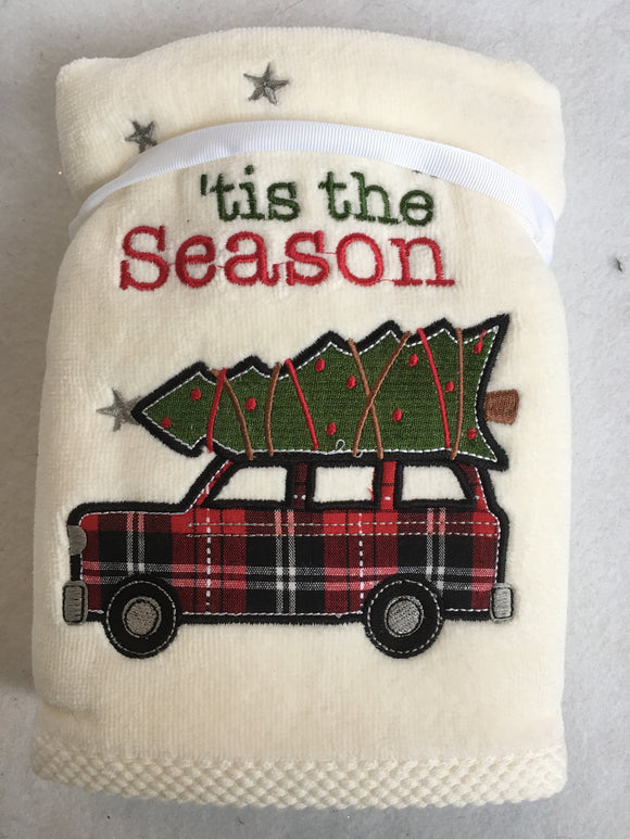 Christmas 'Tis the Season Red Plaid Truck Carrying Tree Hand Towels