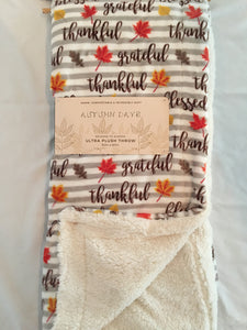 Harvest Gray and White Striped Blanket Throw With Autumn Leaves and Thanksgiving Blessings