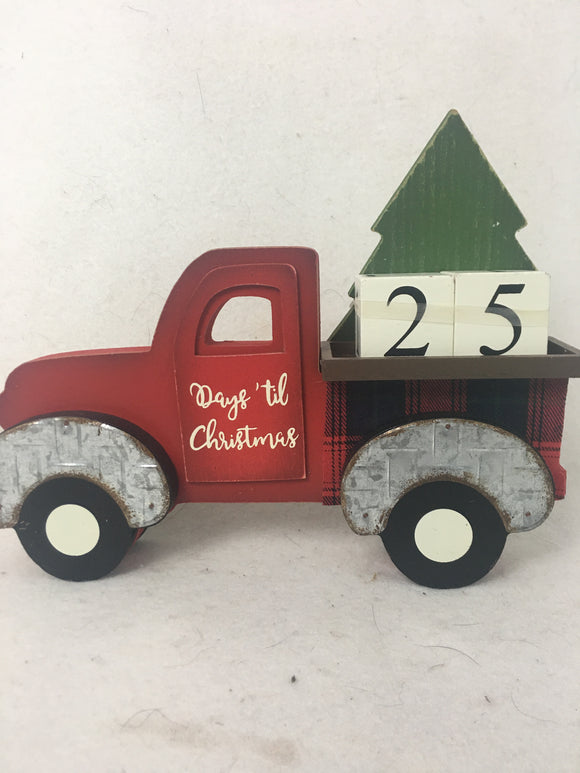 Christmas Red Truck Carrying Tree Countdown to Christmas Block Sitter