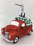 Christmas Glittered Red Truck Carrying Tree Soap or Lotion Dispenser