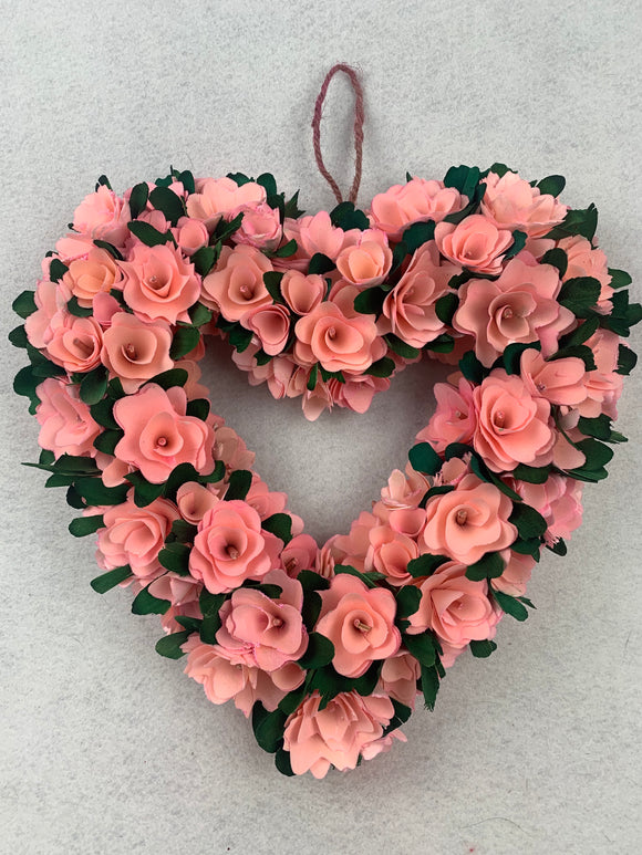 Valentine Wood Curled Pink White or Red Flowers Heart Shaped Wreath