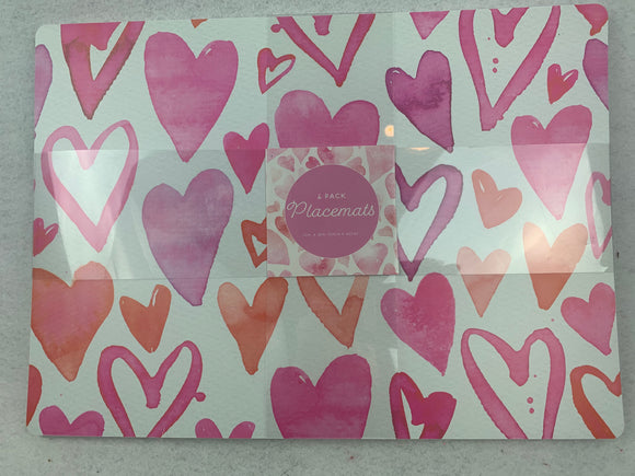 Valentine Set of 4 Watercolor Heart Romance Placemats