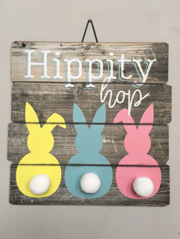 Easter Hippity Hop 3 Bunnies with 3-D Cotton Tails Sign