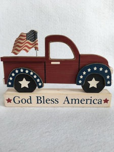 Patriotic God Bless America Truck With Flag Block Sitter