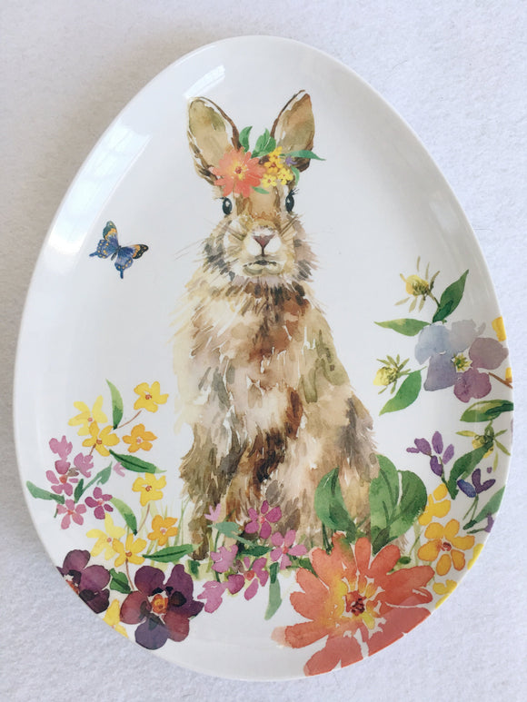 Easter Bunny Among Flowers with Butterfly Melamine Egg Shaped Dish
