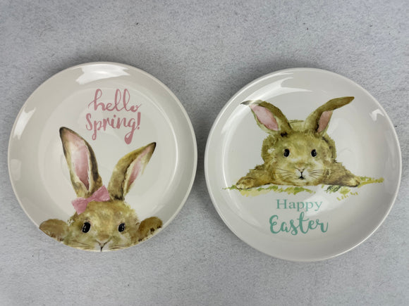 Easter Hello Spring or Happy Easter Small Bunny Fine Ceramic Plate