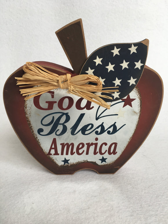 Patriotic Wooden Apple God Bless America Block Sitter