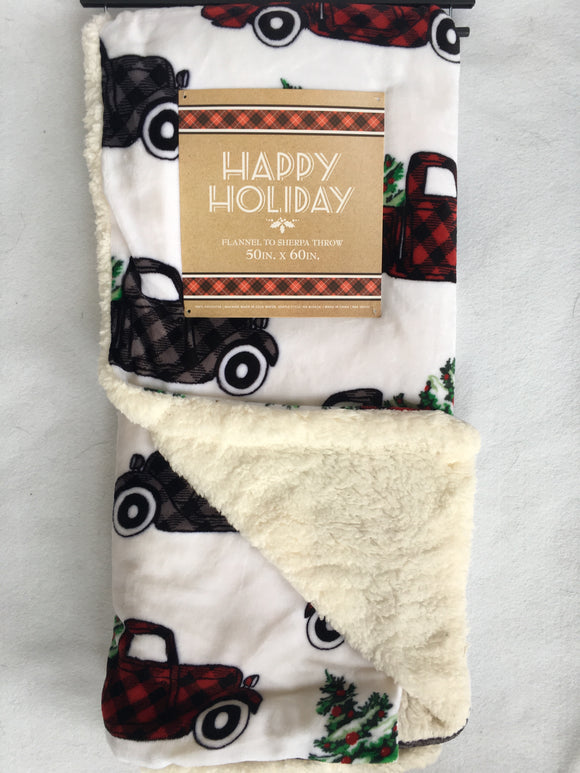 Christmas Red and Black Check Truck Carrying Tree Flannel to Sherpa Blanket Throw
