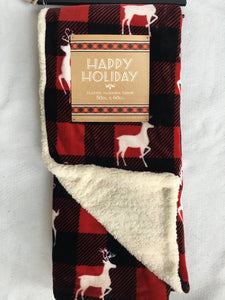 Christmas White Reindeer Over Black and Red Check Flannel to Sherpa  Plush Blanket Throw