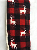 Christmas White Reindeer Over Black and Red Check Flannel to Sherpa  Plush Blanket Throw