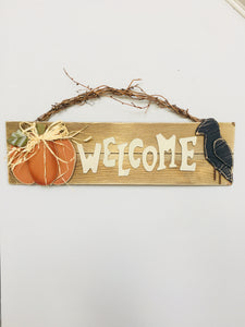 Harvest Wooden Welcome Sign with Pumpkin and Raven