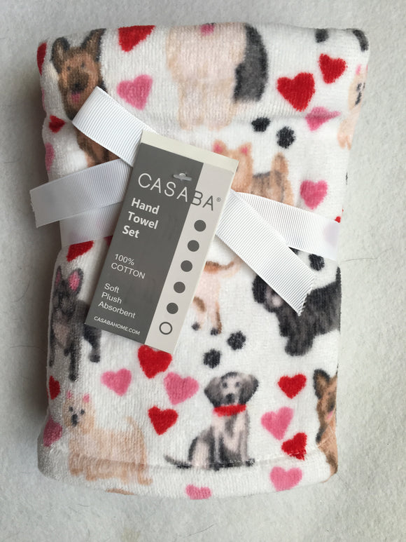 Valentine Dogs and Hearts 100% Cotton Hand Towels