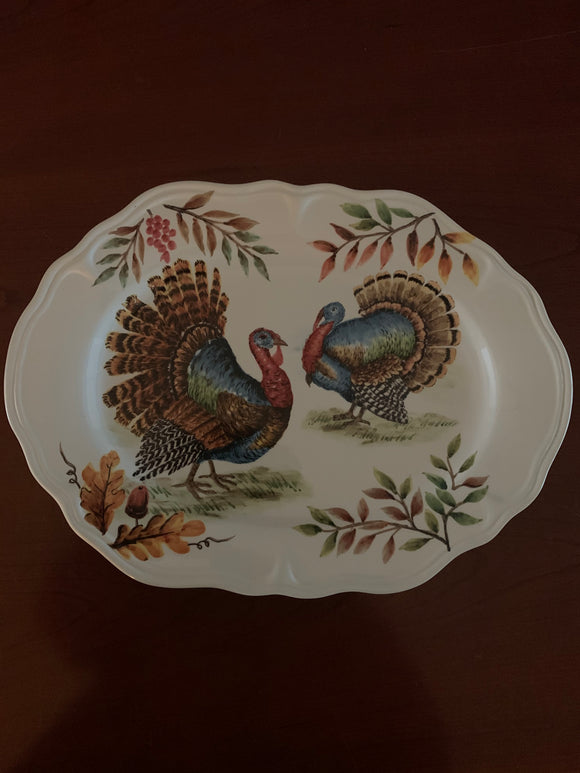Clearance Two Turkeys Oval Ceramic Plate